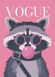 raccoon stylish wearing sunglasses blowing pink bubble gum vogue poster by Cross