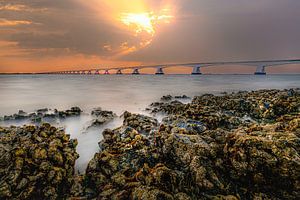 Zonsondergang met Zeelandbrug en oester uit de Oosterschelde