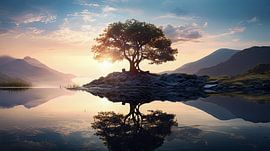 Solitary tree at sunset by Vlindertuin-Art