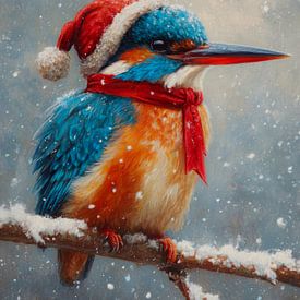 Winterportret van ijsvogel met kerstmuts en rode sjaal in sneeuw van But First Framing