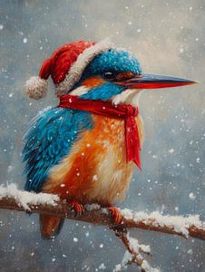 Winterporträt des Eisvogels mit Weihnachtsmannmütze und rotem Schal im Schnee