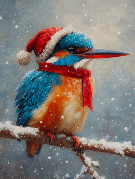 Winter portrait of kingfisher with Santa hat and red scarf in snow by But First Framing