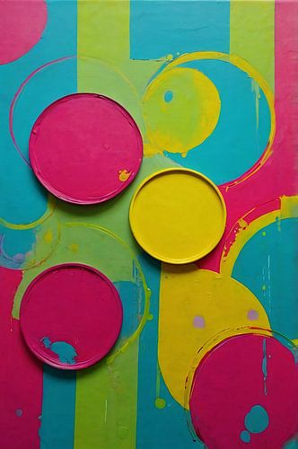 Kleurrijk geometrisch kunstwerk met cirkels en vormen