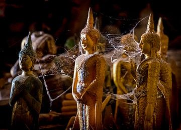 Small buddhas connected by spiderweb, Laos by Rietje Bulthuis
