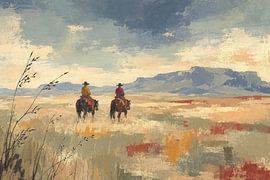 Twee cowboys op de Mexicaanse prairie (AI) (paardrijden, warm, vrijheid, stoer, mancave, avontuur) van Natalie Bruns
