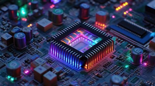 Datacenter chip moederbord neon panorama