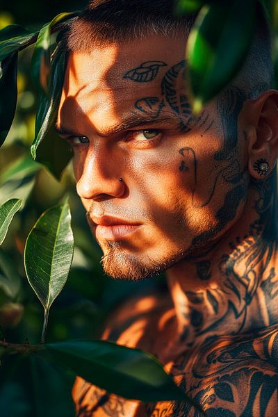 Tattooierter Mann im Blattwerk versteckt von Poster Art Shop