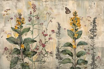 Neue ländliche, digitale Collage von Blumen mit einem Schmetterling. von Studio Allee