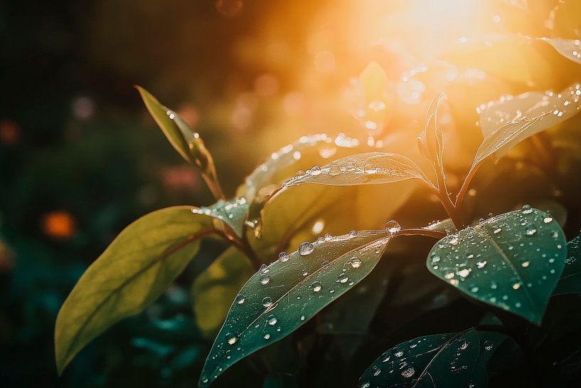 Des feuilles fraîches comme des gouttes d'eau au soleil par Poster Art Shop