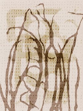 Bloemen echo's. Abstracte botanische kunst. Gras in bruin, beige en wit. van Dina Dankers