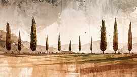Paysage méditerranéen plein de charme avec des cyprès, peint à l'aquarelle
