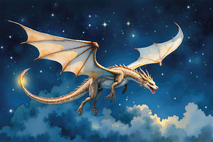 Goldener Drache fliegt in den Nachthimmel mit Sternen von Markus Gann