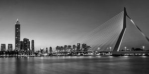 Le pont Erasmus et la ligne d'horizon de Rotterdam le soir | Panorama Monoc