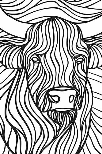 Schotse hooglander lijntekening zwart-wit kunst