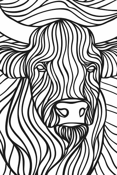 Scottish highlander line drawing black and white art by Art & Soul Creations