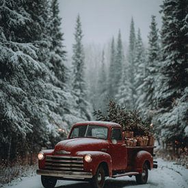 Camion vintage rouge dans la neige - art hivernal nostalgique avec arbre de Noël et cadeaux sur But First Framing