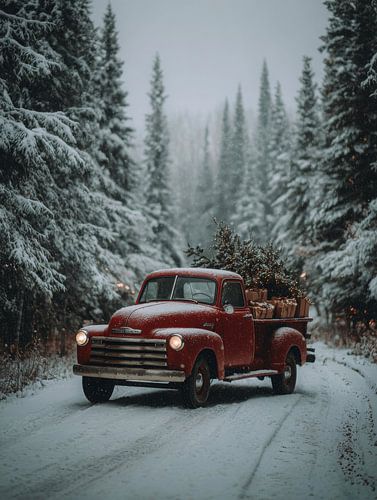 Camion vintage rouge dans la neige - art hivernal nostalgique avec arbre de Noël et cadeaux sur But First Framing
