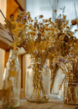 Fleurs séchées en bocaux – nature morte rustique | art mural botanique