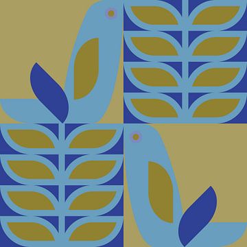 Scandinavian retro. Birds and leaves in mustard color and cobalt blue by Dina Dankers
