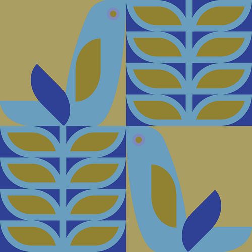 Rétro scandinave. Oiseaux et feuilles en couleur moutarde et bleu cobalt.