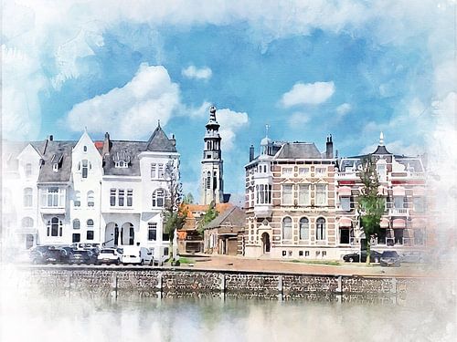Aquarell der Loskade in Middelburg, Zeeland.