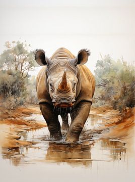 peinture à l'aquarelle d'un rhinocéros dans une flaque d'eau sur Margriet Hulsker