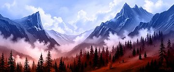 Herfstachtig berglandschap in een staat van opschorting: mist, naaldbos en het samenspel van warmte en koel blauw van de bergtoppen van AidasignArt