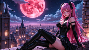 Dark Fantasy Anime Cyberpunk Wall Art: AEROVYSSIA – Sexy Cute Anime Gothic Girl Above the Rooftops o