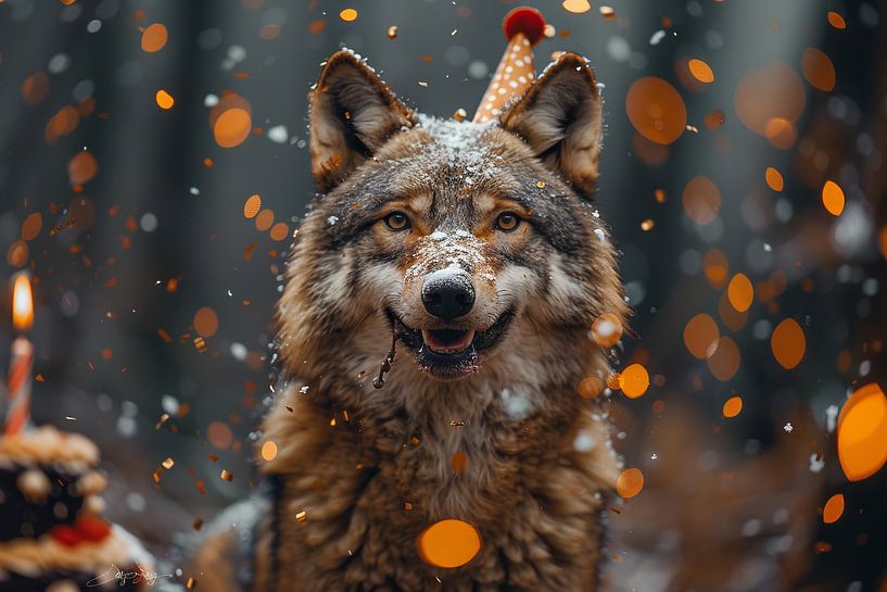 Drôle de loup en chapeau d'anniversaire avec décor de confettis par Poster Art Shop