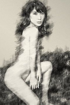 Portret van een Aziatisch naaktmodel (erotiek, tekening) van Art by Jeronimo