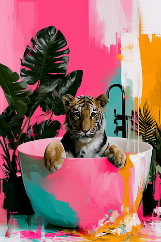 Tiger in Bathtub, Tropical Bathroom Pink B
