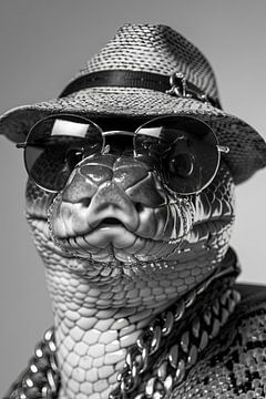Stijlvolle slang met hoed en zonnebril, monochroom van Felix Brönnimann