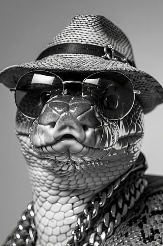 Stijlvolle slang met hoed en zonnebril, monochroom
