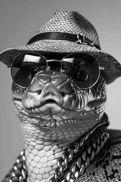Stijlvolle slang met hoed en zonnebril, monochroom van Poster Art Shop