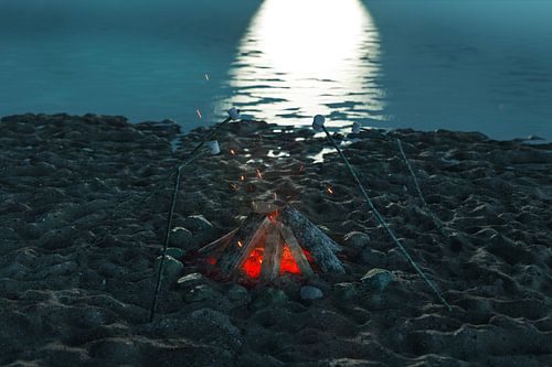 Braises de feu de camp sur la plage au clair de lune