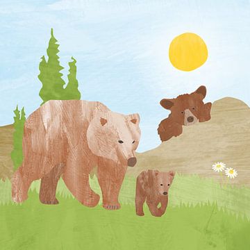 Bears with baby bear in the mountains by Karin van der Vegt