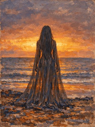 Dame bij een zonsondergang aan de Noorzee van Willem Koenes