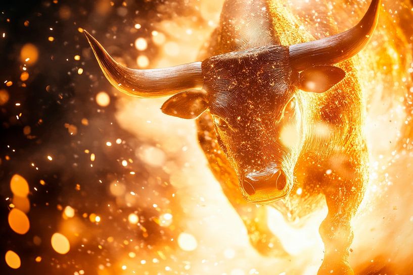 Flammender Stier in Bewegung – Dynamisch von Poster Art Shop