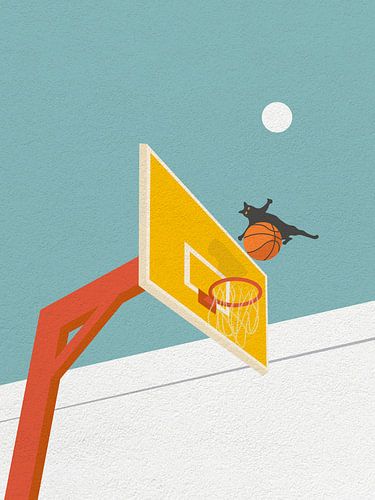 Minimal Art van schattige kat die basketbal speelt