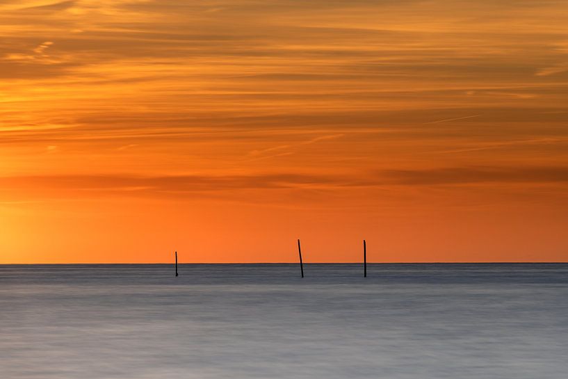 Visstokken in oranje avondlicht bij Hellevoetsluis van Ton van den Boogaard
