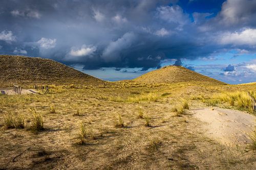 Contrast: landscape lit by the sun with dark clouds above it