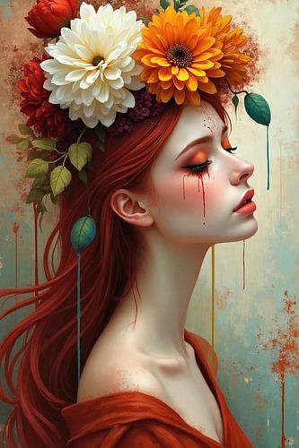 Oranje Betovering – Vrouwelijk Portret met Bloemen en Warme Kleuren