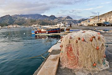 Fantastic evening light at the blue hour at the harbour of Giardini-Naxos