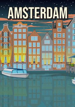 Amsterdam Grachten Nacht Reisposter - Vintage Reclamestijl van Jorn van Hezik