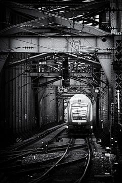 Zug auf einem Stahleisenbahnbrücke