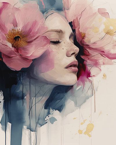 Modern portret in roze, blauw en goud