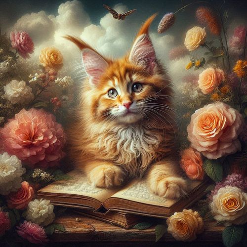 maine coon kitten met boek en bloemen