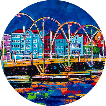 Handelskade bij nacht met de Pontjesbrug, Curaçao. van Happy Paintings / Renata Rolefes