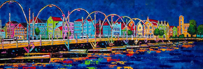 Handelskade bei Nacht mit der Pontjesbrug, Curaçao. von Happy Paintings / Renata Rolefes