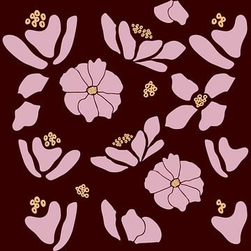 Marché aux fleurs. Art botanique moderne en rose, jaune et rouge vin sur Dina Dankers